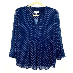 Charter Club Pleated Chiffon Blue Bell Sleeve Lightweight V Neck Top Blouse PL